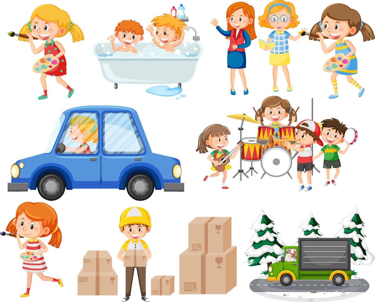 Set of different cute kids and objects vector