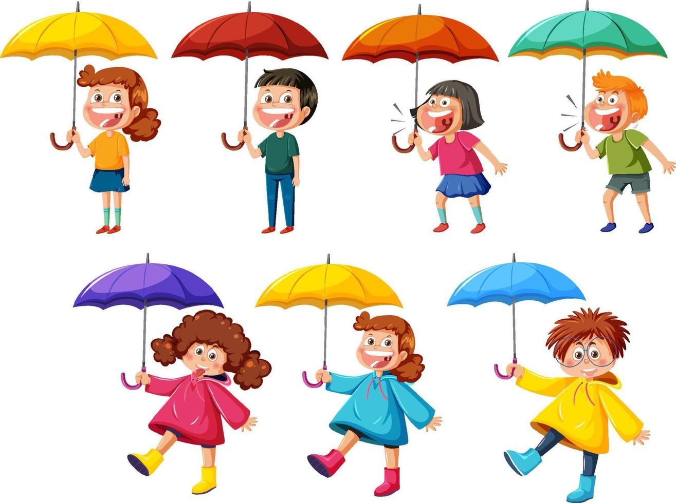 Set of different kids holding umbrella vector