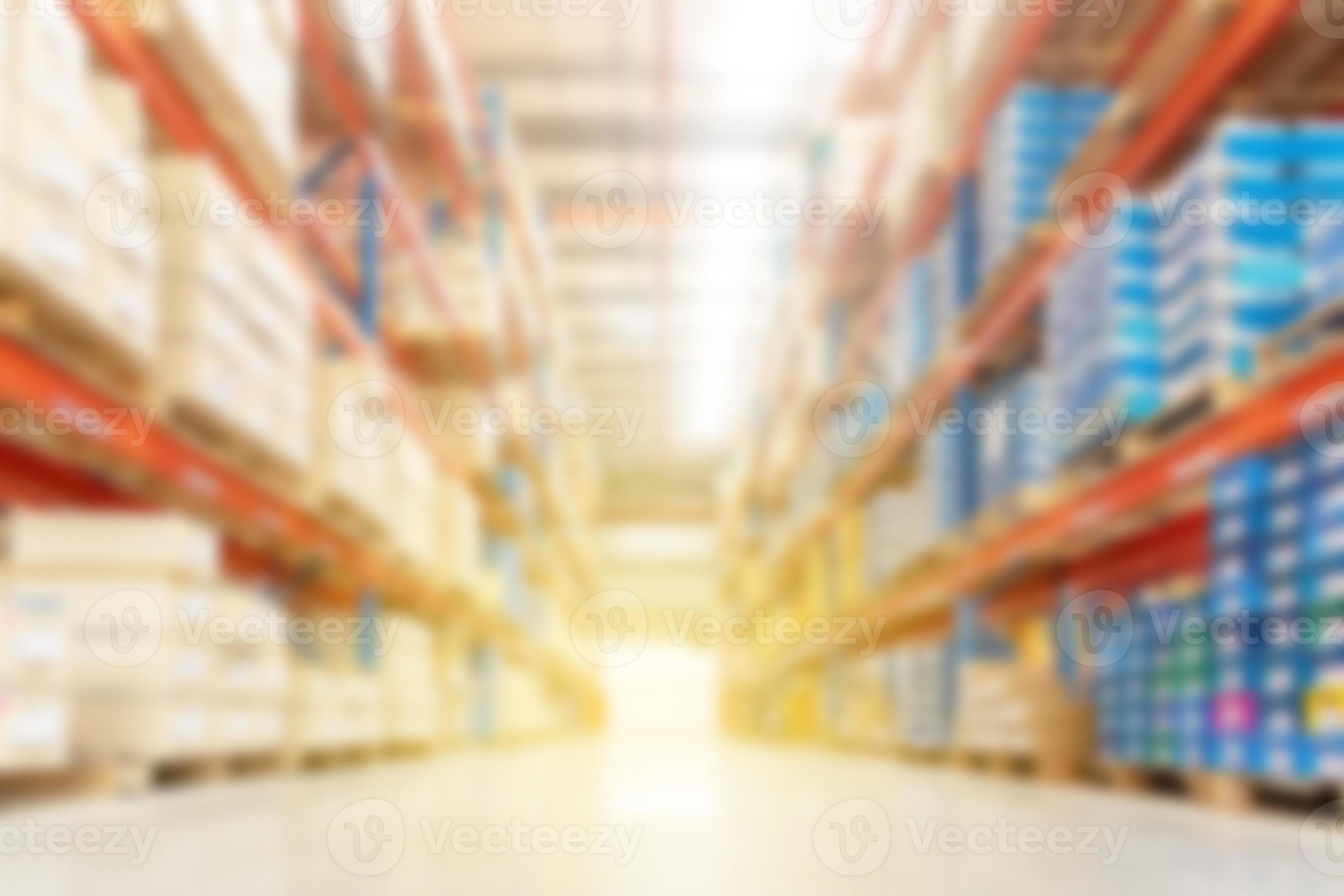Soft blurred industrial warehouse background, with shelving and shelves