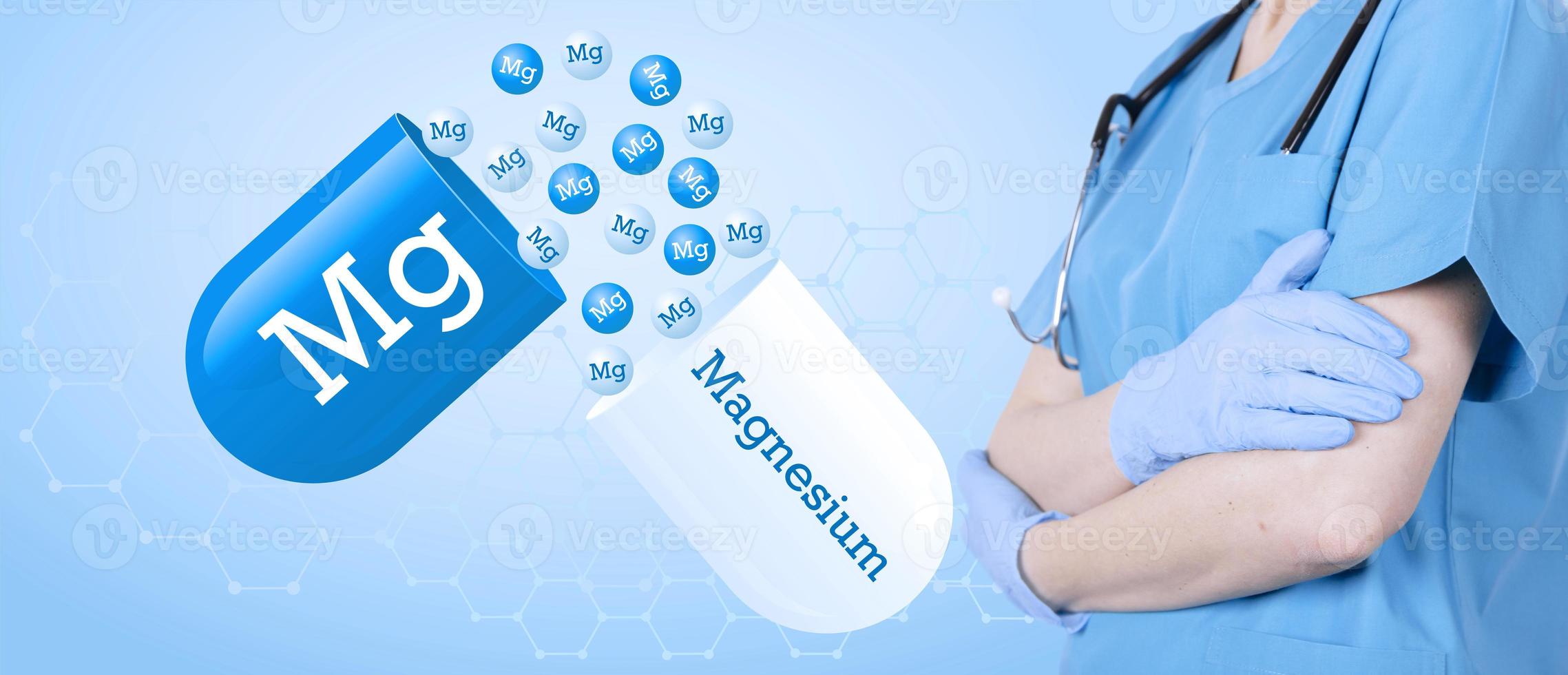 Magnesium, Mg, medical capsule on the background of a doctor in a medical uniform. Medical blue background, informational poster. photo