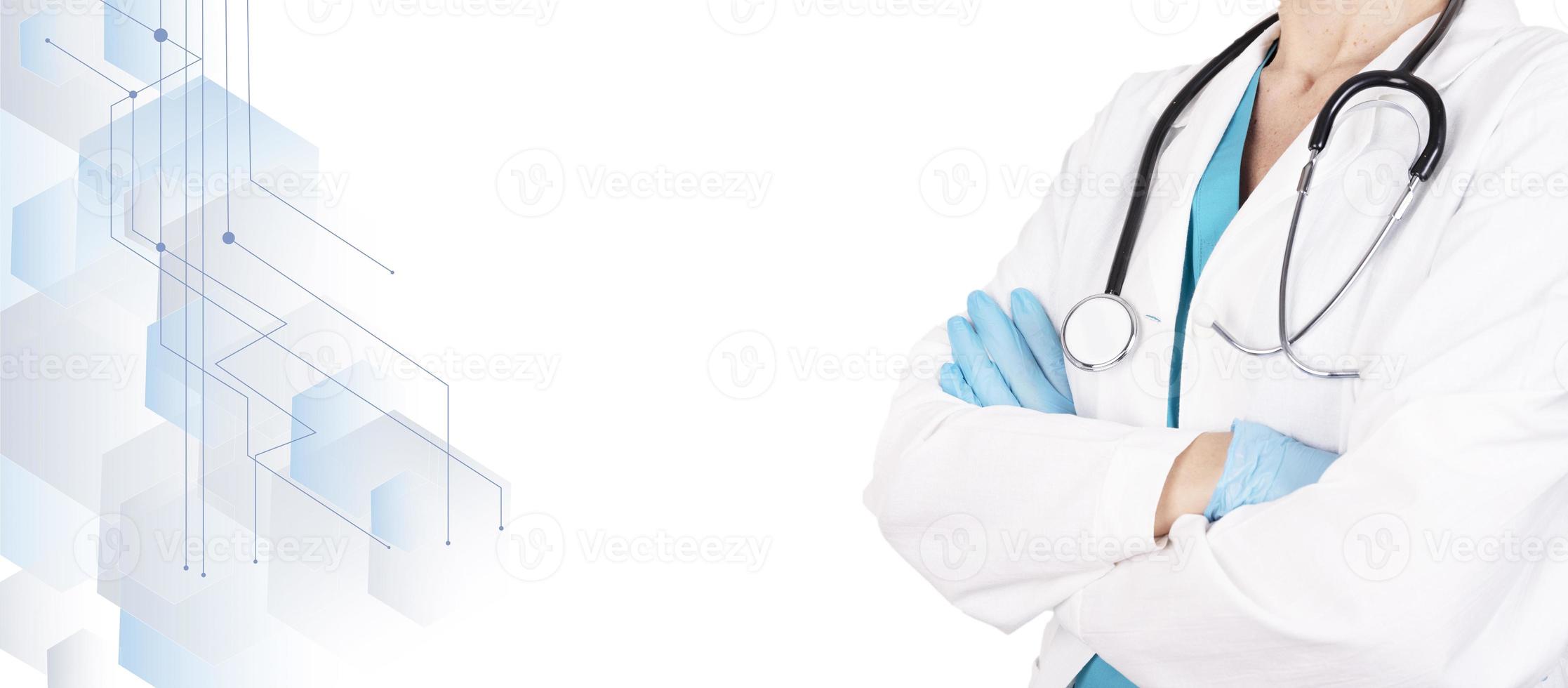 Female doctor in medical clothes with a stethoscope on a medical white background. Side view. Healthcare banner. Copy space. photo