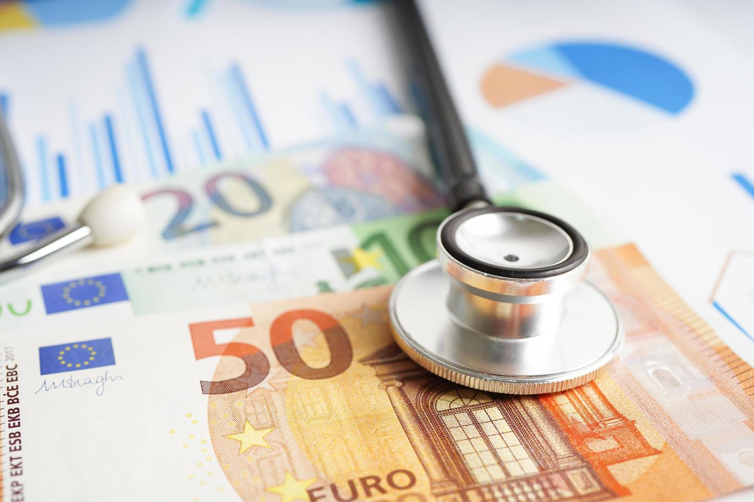 Stethoscope and Euro banknotes on chart or graph paper, Financial, account, statistics and business data  medical health concept. photo