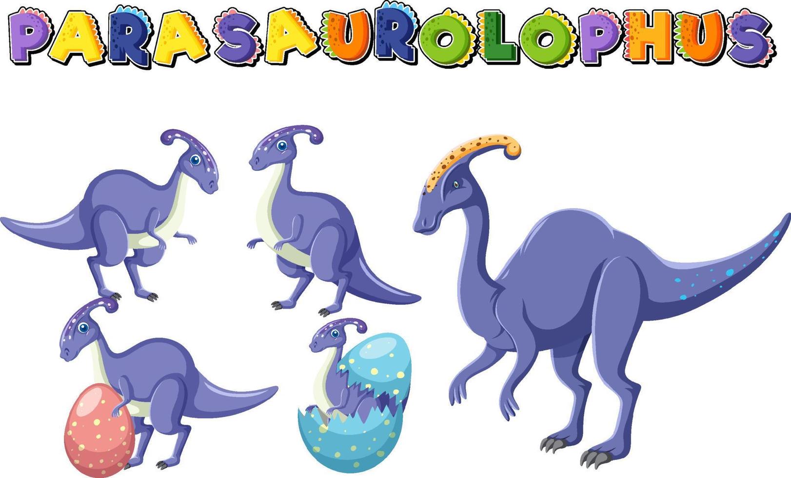 logotipo de la palabra parasaurolophus con personaje de dibujos animados de dinosaurios vector