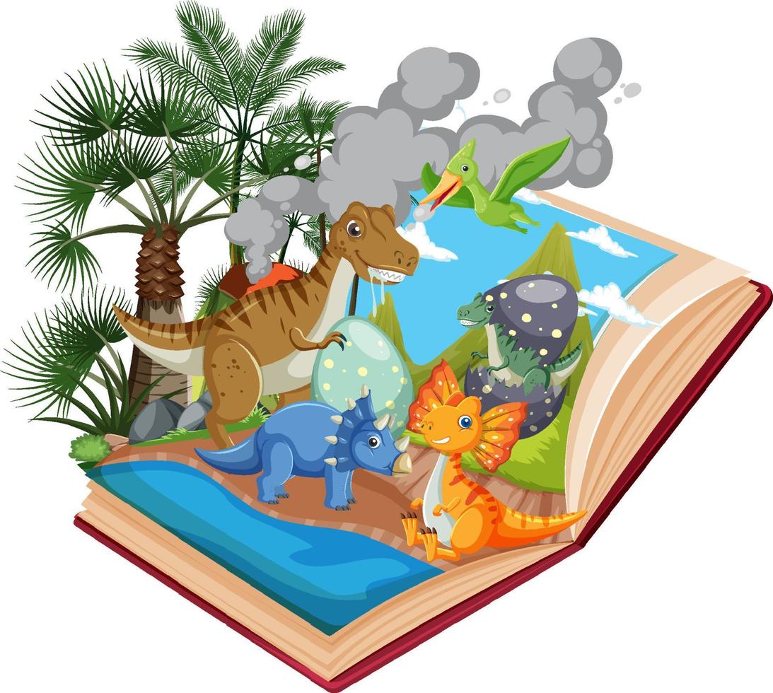 libro abierto con dinosaurio en la escena del bosque prehistórico vector