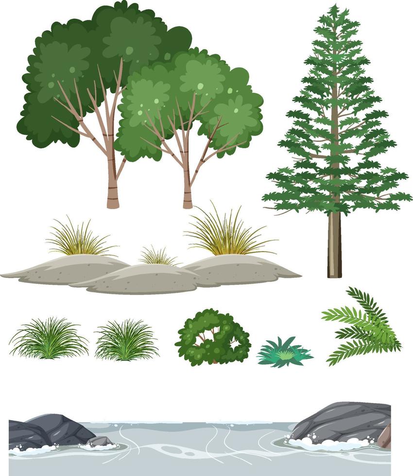 conjunto de árboles aislados y objetos de la naturaleza vector