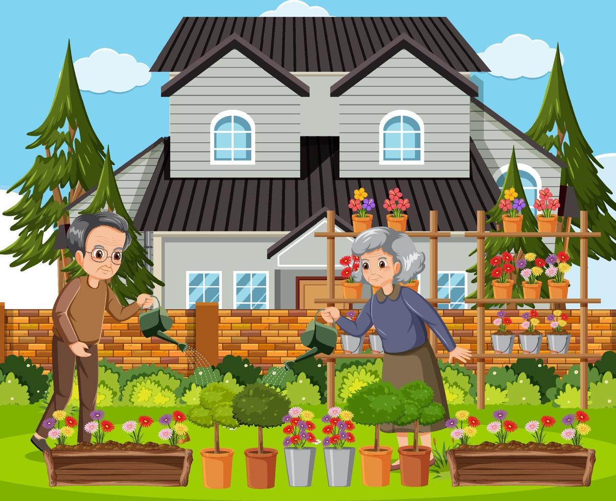 pareja de ancianos de jardinería en el patio trasero vector