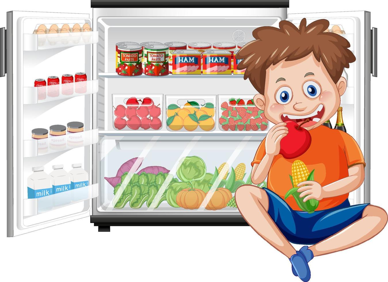Hungry boy enjoy eating in front of refrigerator vector
