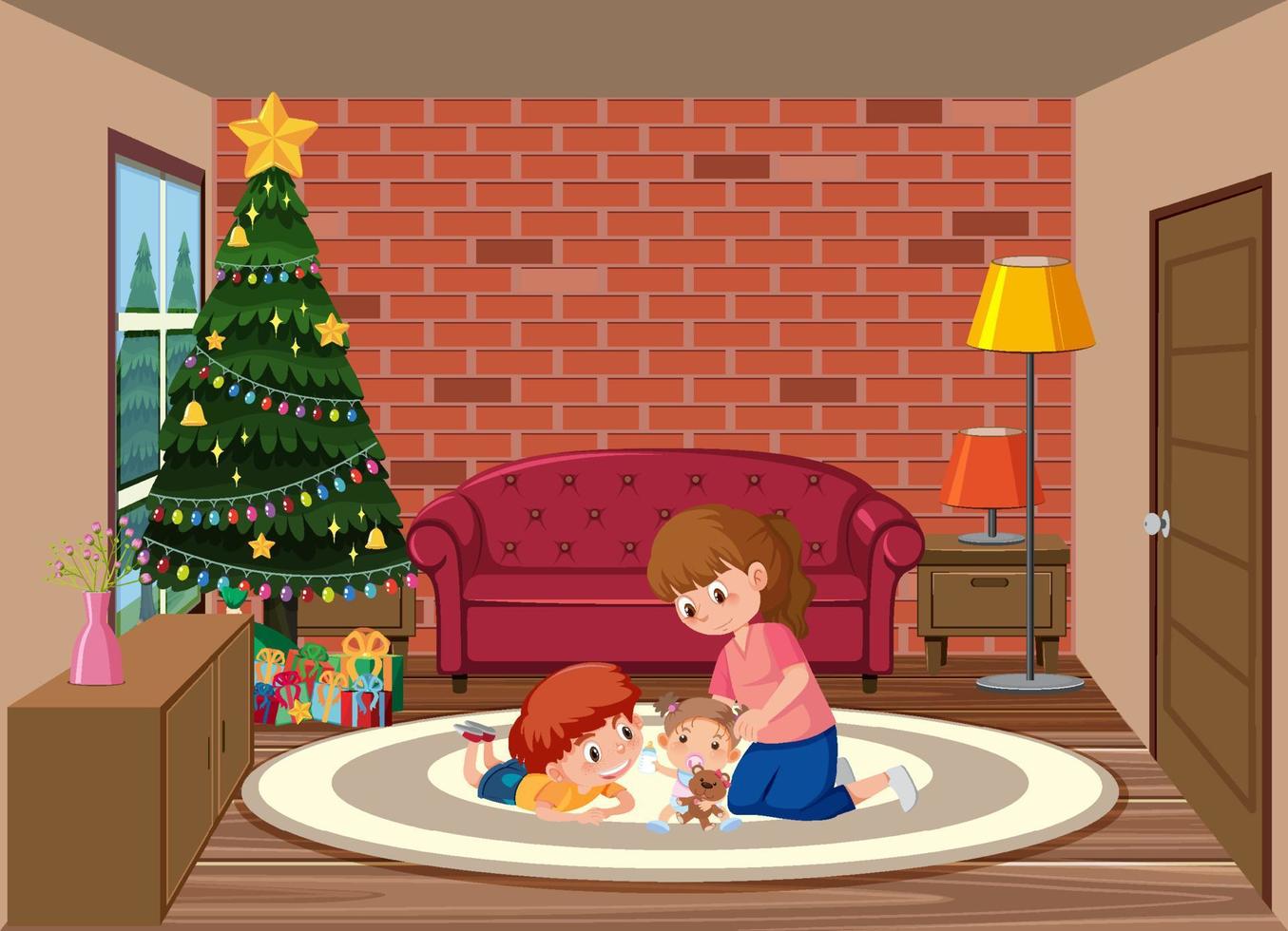 Living room scene with children cartoon character vector