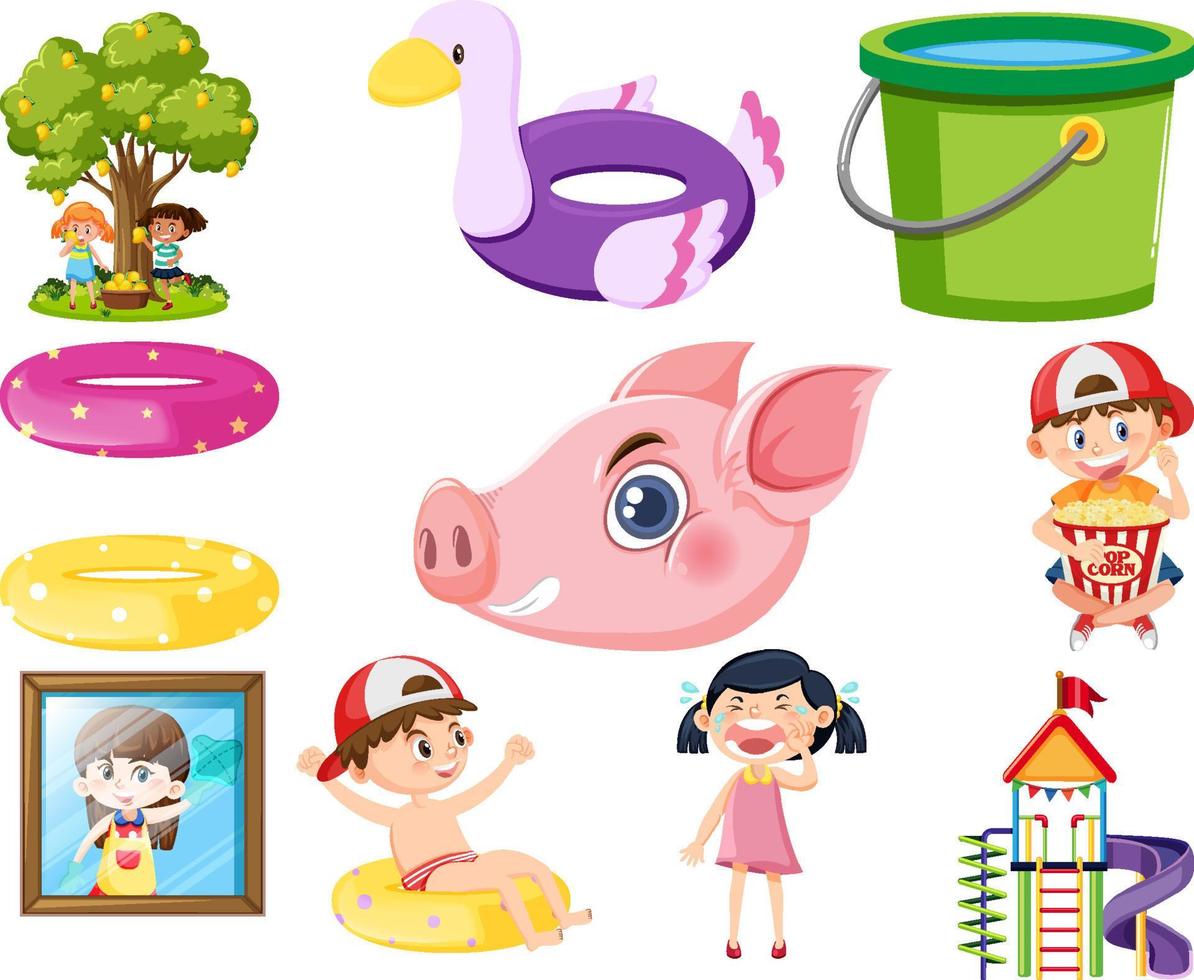 Set of different cute kids and objects vector