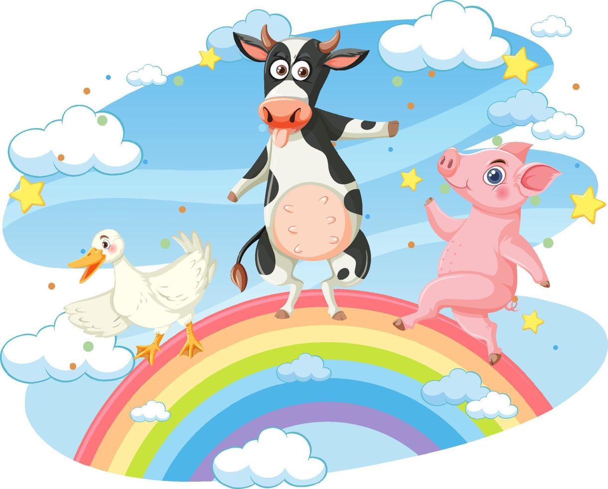 Farm animals standing on rainbow vector