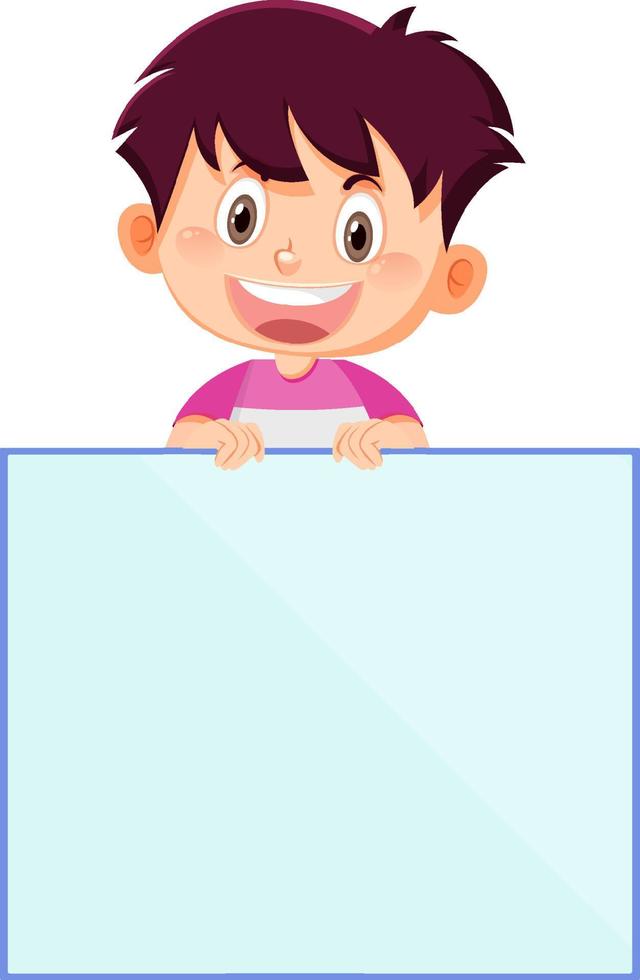 Cute boy holding blank board in cartoon style vector