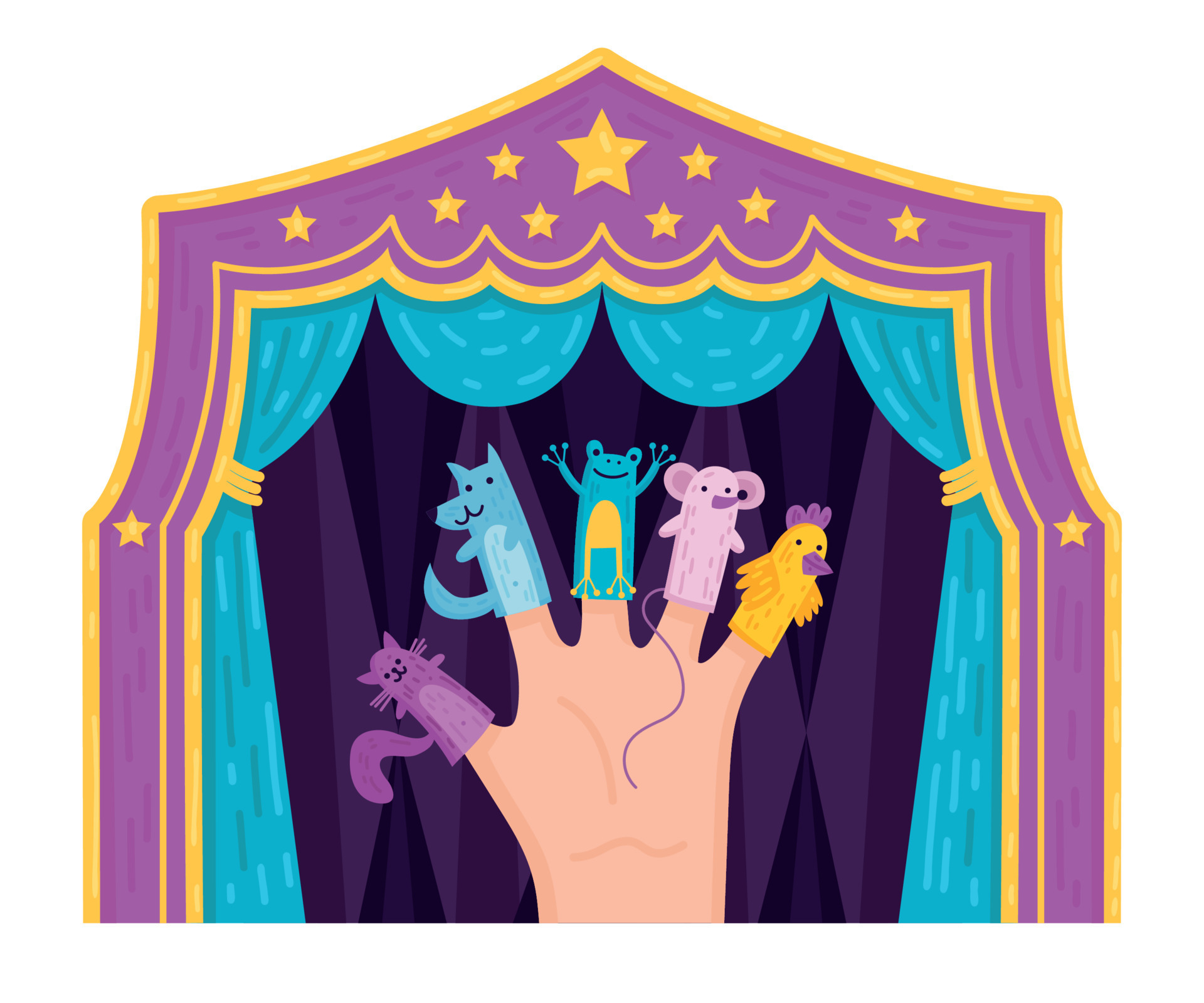 Puppet show booth with theater masks red curtain Vector Image