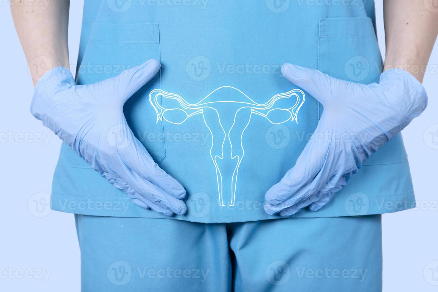 médico ginecólogo con uniforme médico y modelo del sistema reproductivo de una mujer, el útero, al nivel de los huesos pélvicos de una mujer. concepto de salud de la mujer. foto