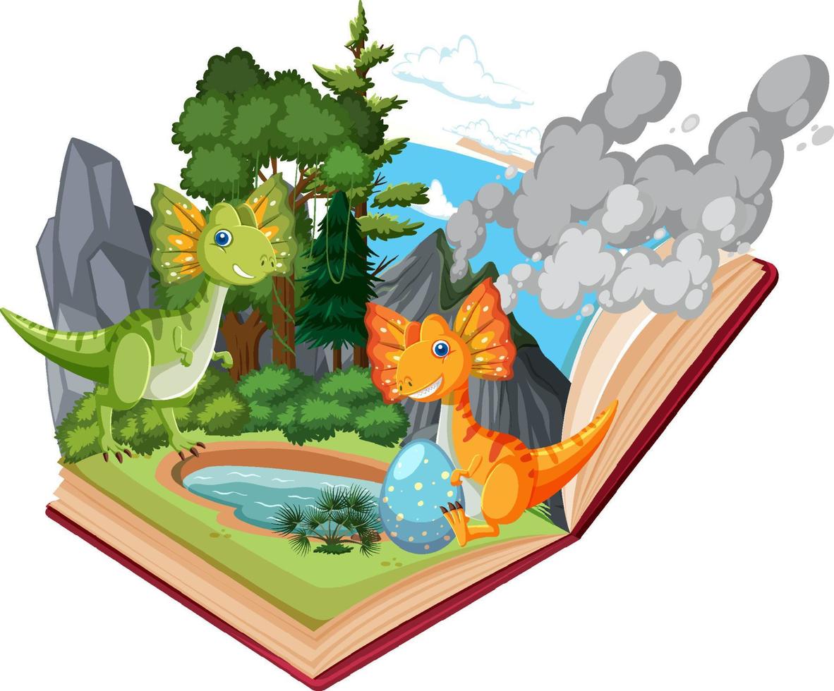 Opened book with dinosaur in prehistoric forest scene vector