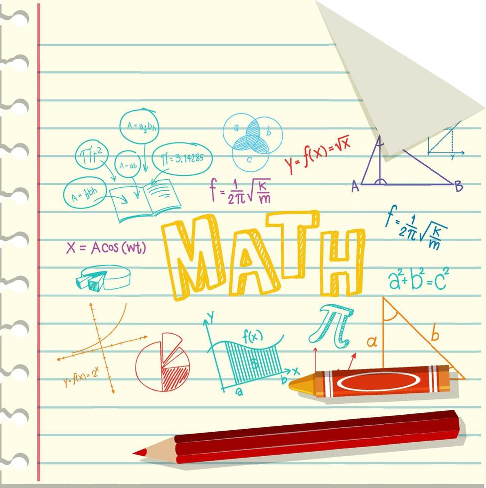 Doodle fórmula matemática con fuente matemática en la página del cuaderno vector