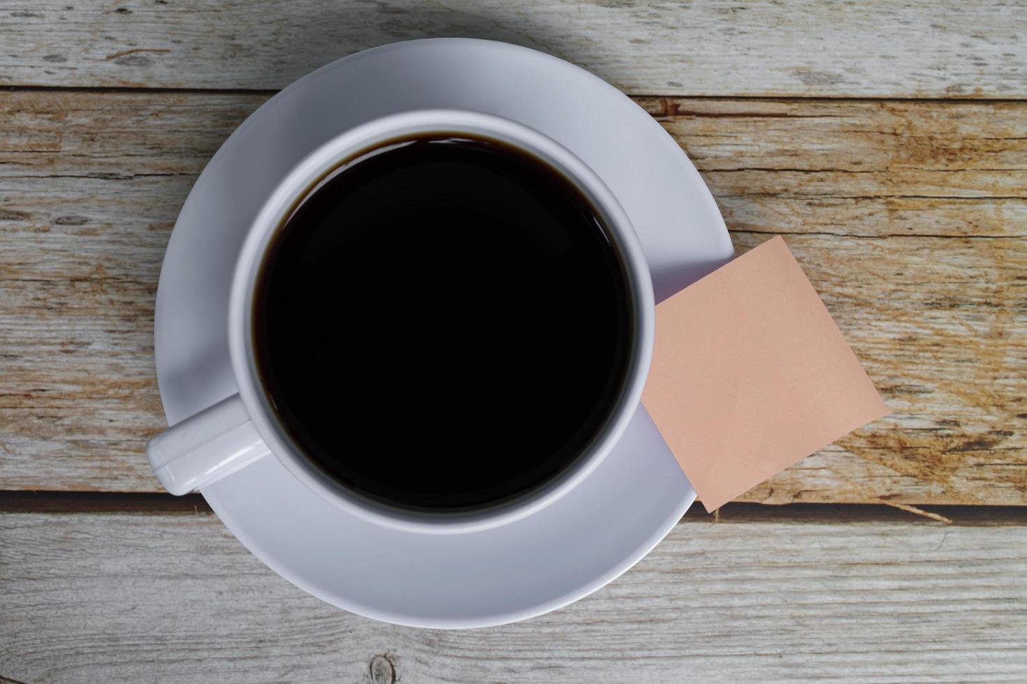 Note with coffee cup. Flat lay. Copy space. Directly above. photo