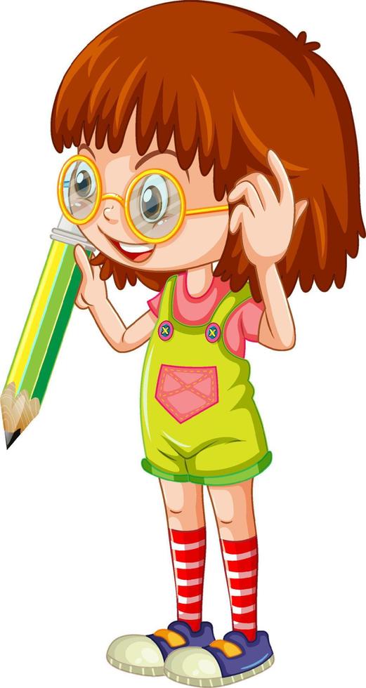 Girl holding pencil cartoon character on white background vector