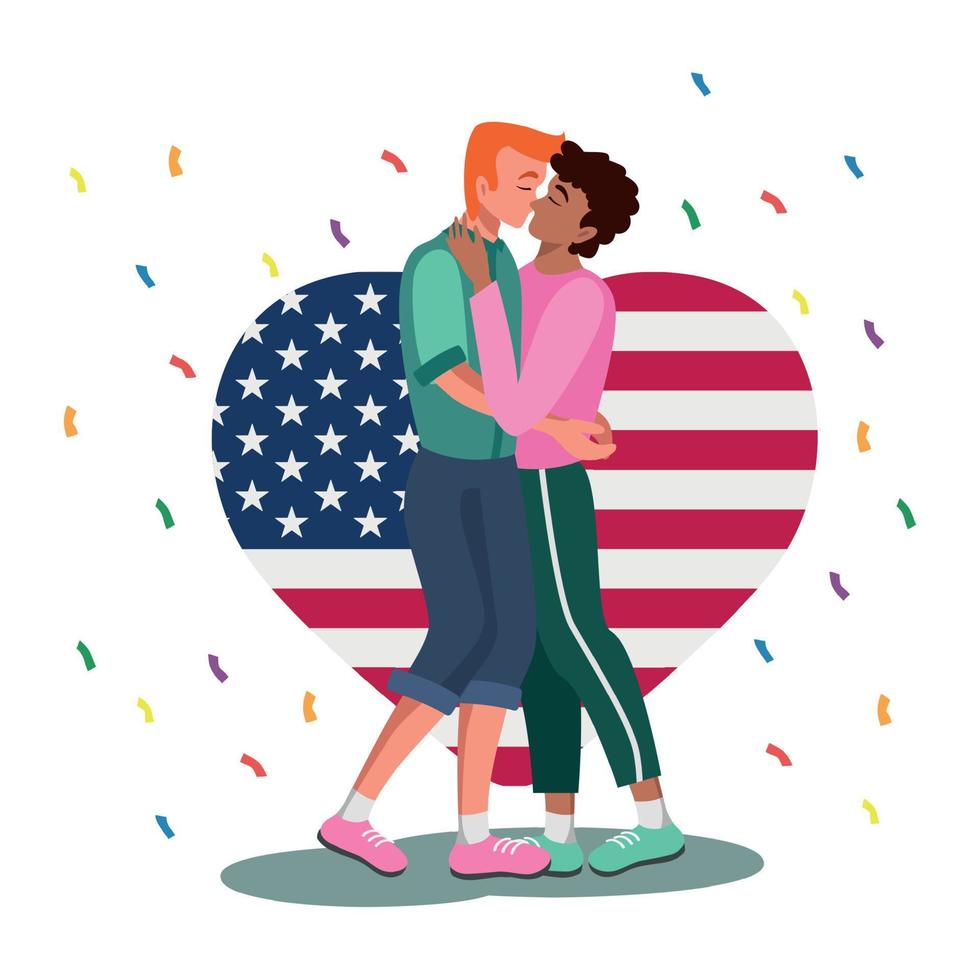 LGBT family on the background of the USA flag, two men kissing on a white background - Vector