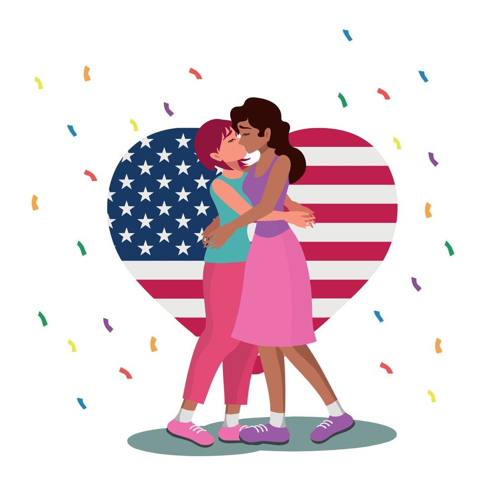 LGBT family on the background of the USA flag, two women white background - Vector