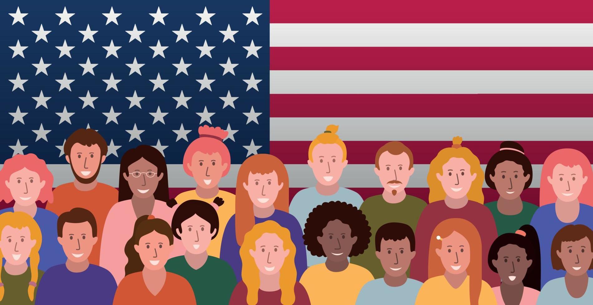 un grupo de personas en el fondo de la bandera americana usa - vector