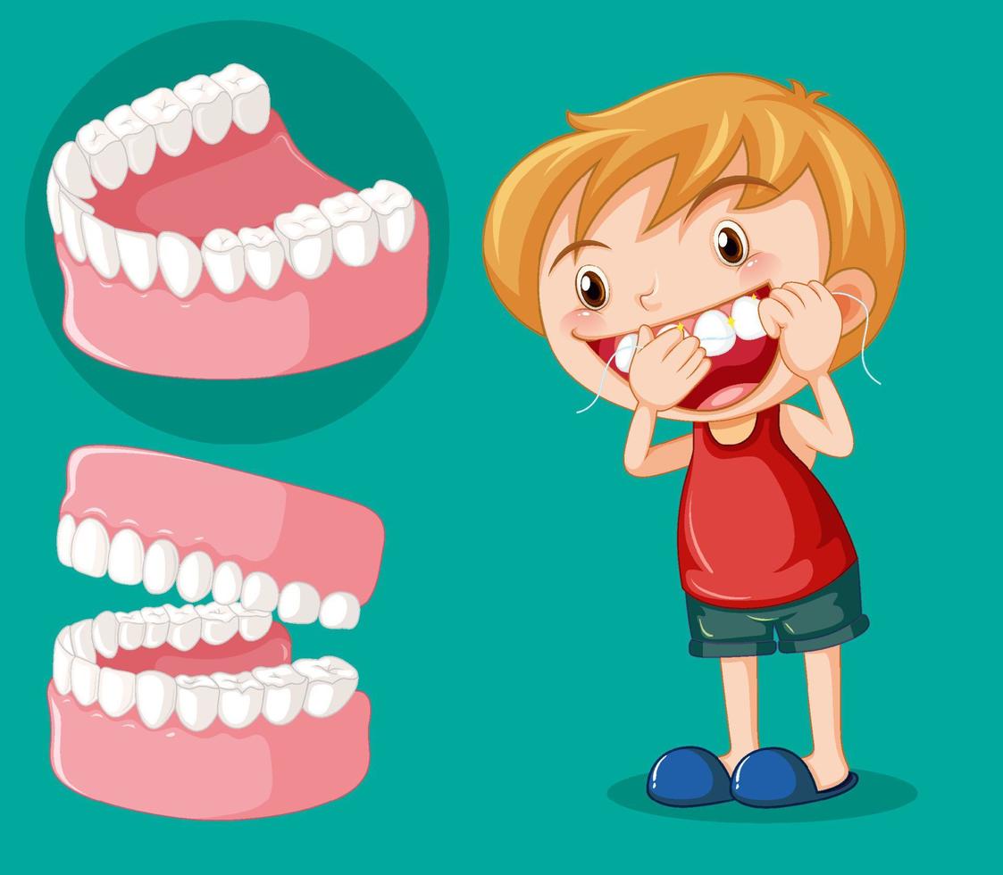 Cute boy cartoon character flossing teeth vector