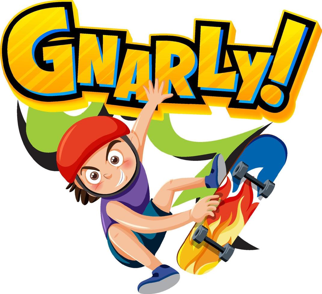 A boy on skateboard with gnarly word text vector