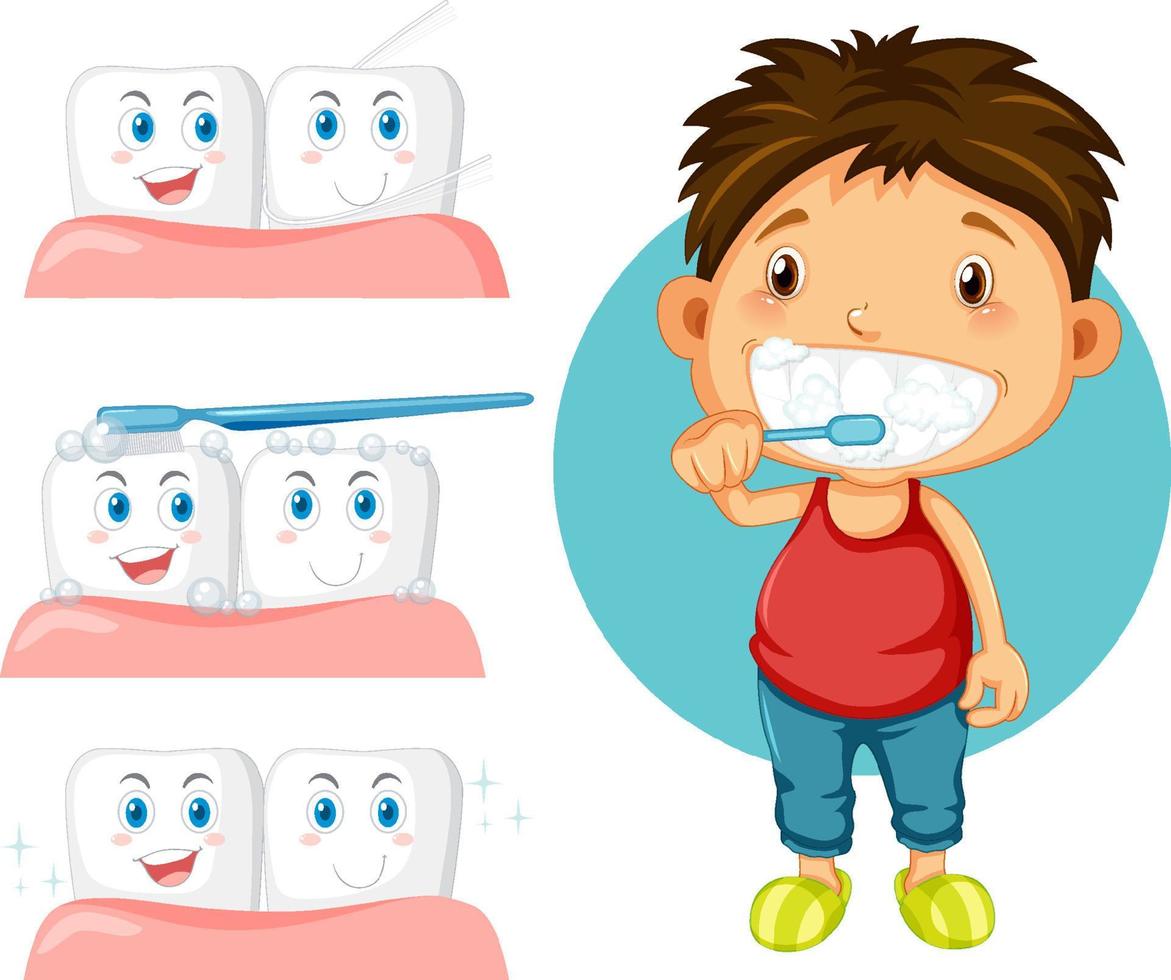 niño cepillando los dientes con los dientes con chicle vector