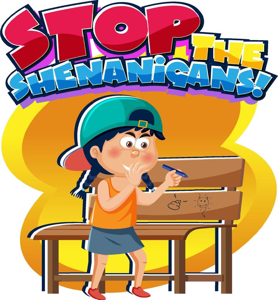 detener el texto de la palabra shenanigans con personaje de dibujos animados vector