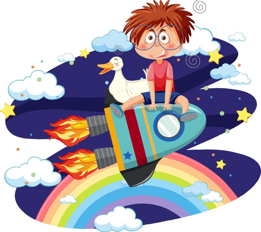 A boy and duck riding on rocket isolated vector