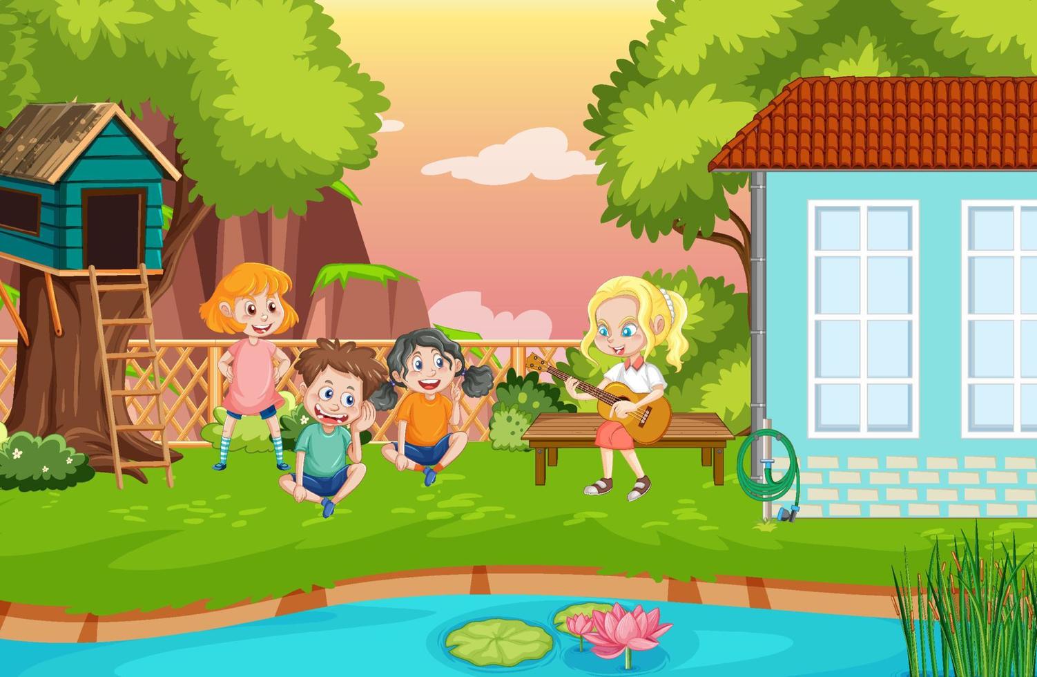 Backyard background with cartoon kids vector