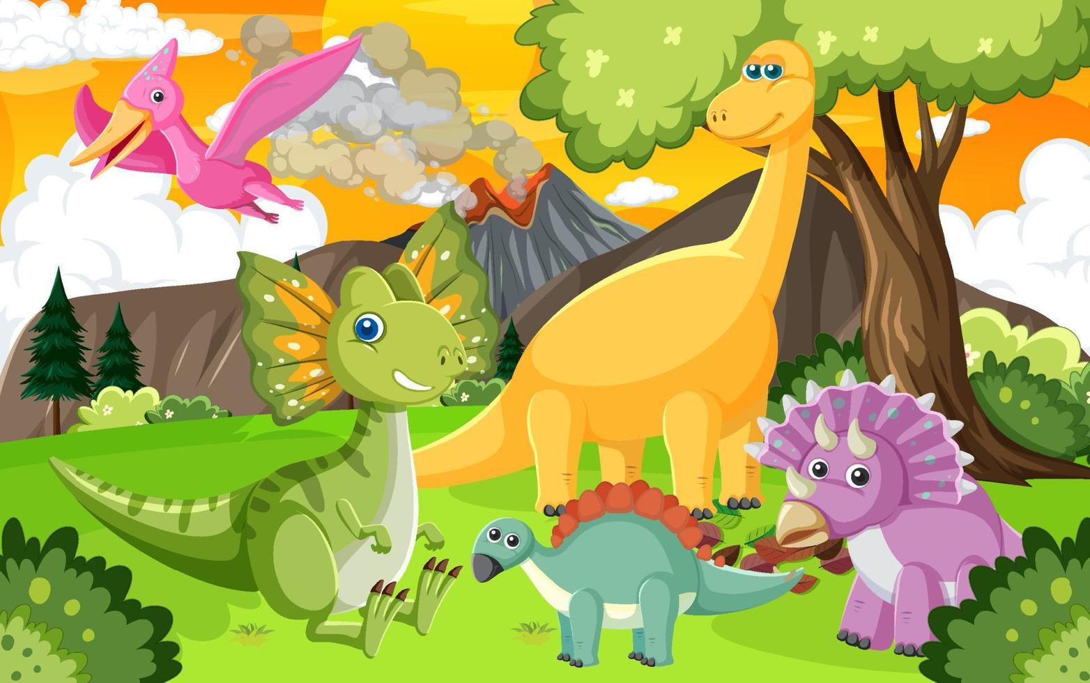 Cute dinosaur group in forest vector