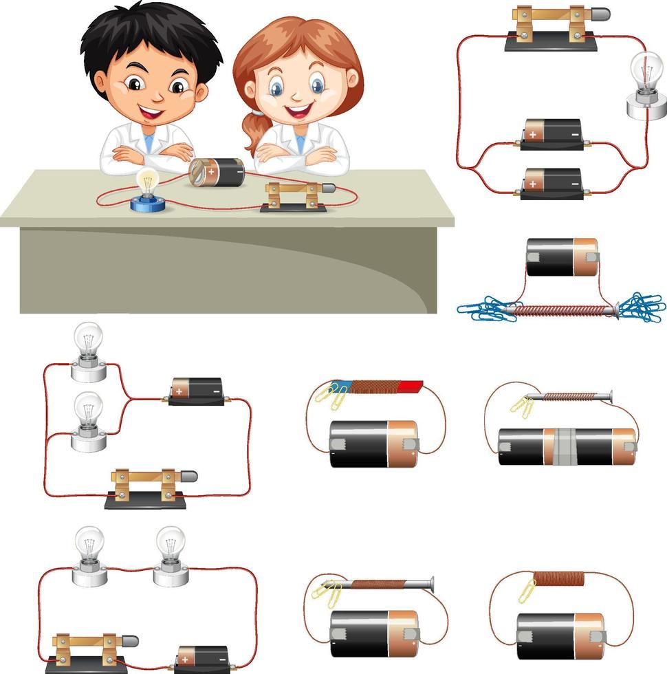 los niños estudiantes aprendieron sobre el componente del circuito eléctrico vector