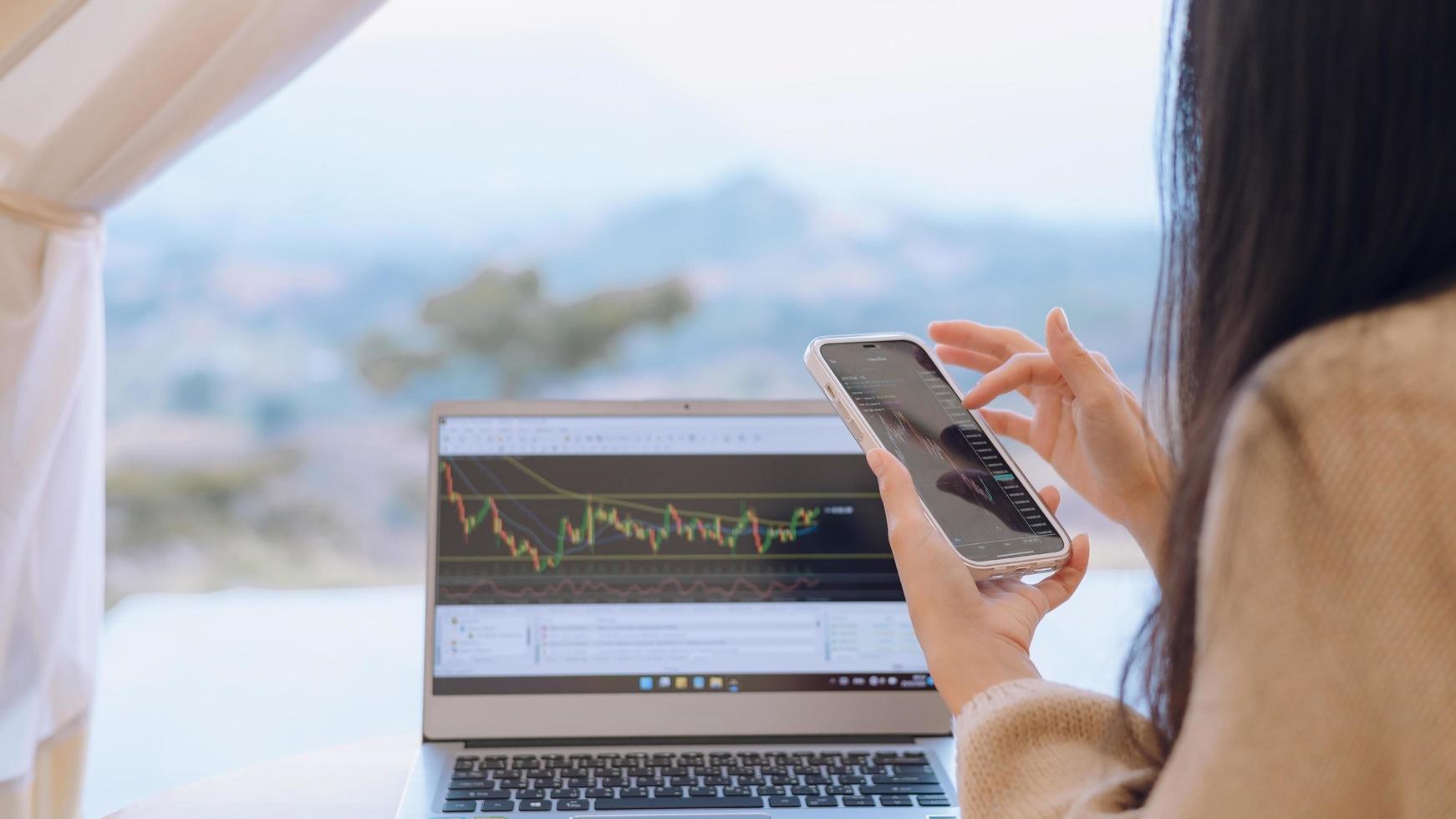 Woman is checking Bitcoin price chart on digital exchange on smartphone, cryptocurrency future price action prediction. photo