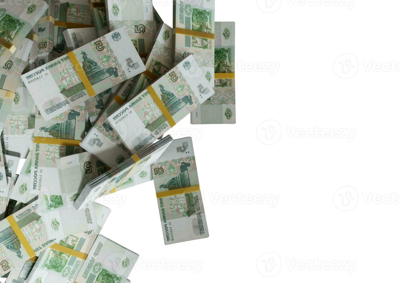 Stack Russian cash or banknotes of Rusia rubles scattered on a white background isolated The concept of Economic, Finance, Background, news, social media and texture of money 3d Rendering photo