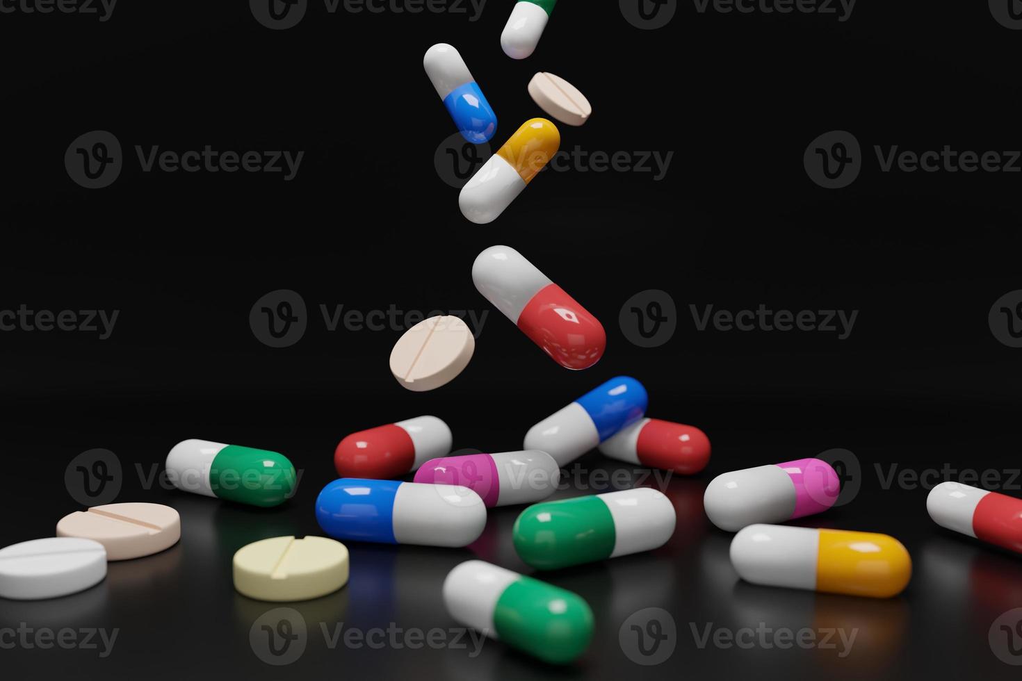 Abstract color capsule on black background. A group of medicine pills. 3D render illustration. photo