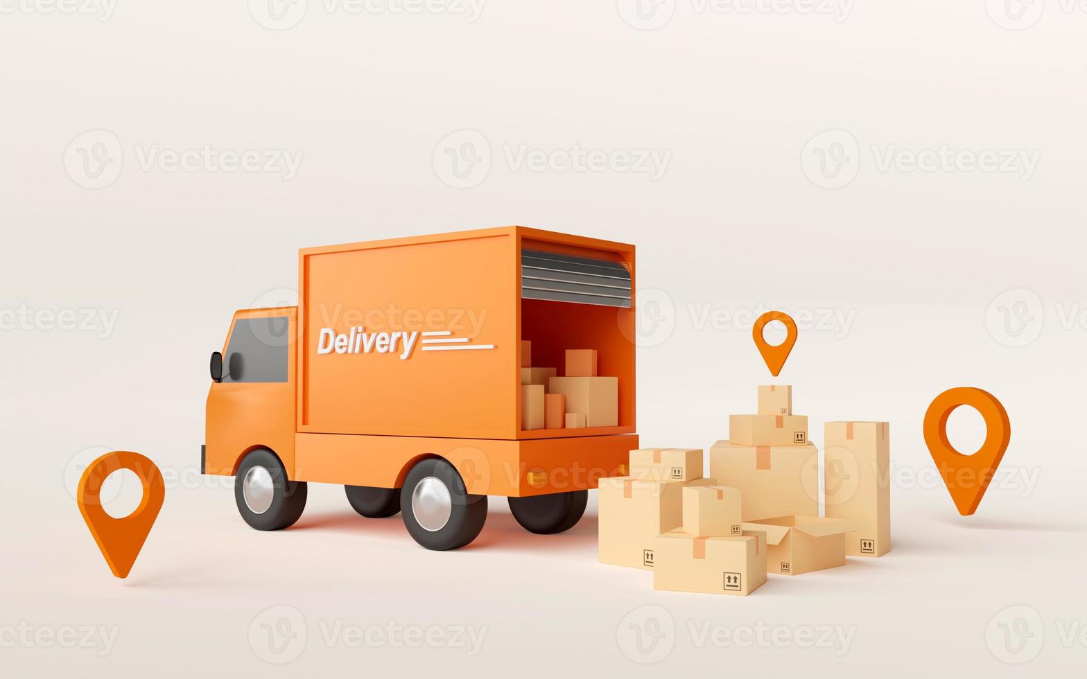 concepto de comercio electrónico, envío de transporte por camión, ilustración 3d foto