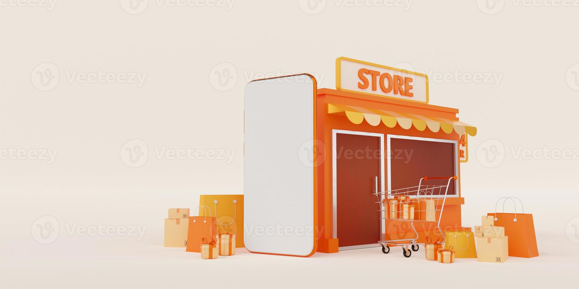 concepto de comercio electrónico, compras en tiendas de conveniencia en línea en dispositivos móviles, ilustración 3d foto