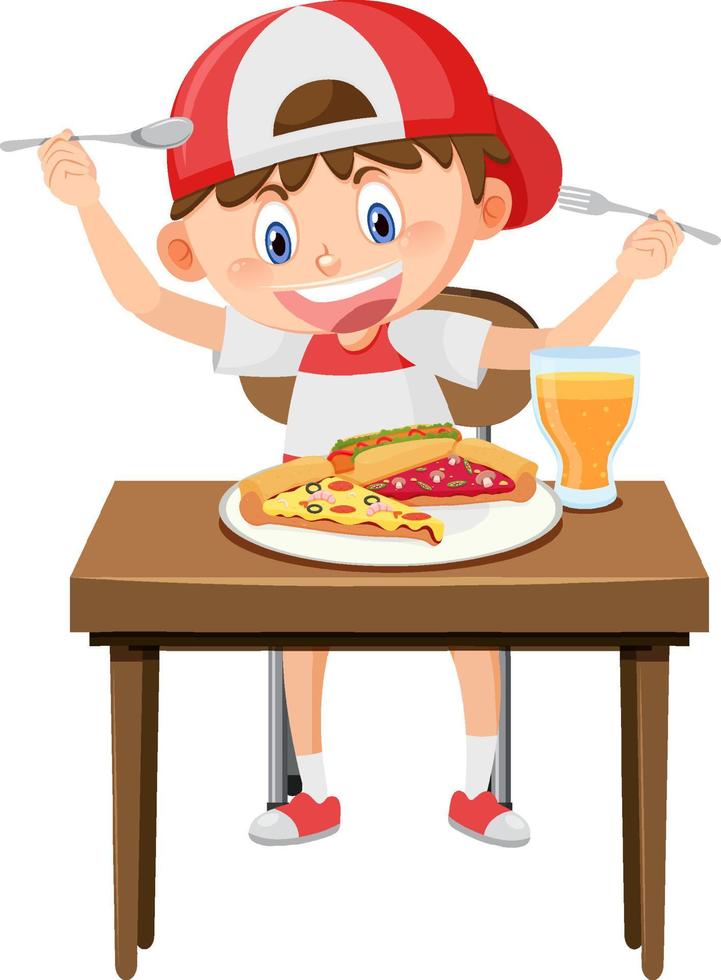 Happy boy enjoy eating food on table vector
