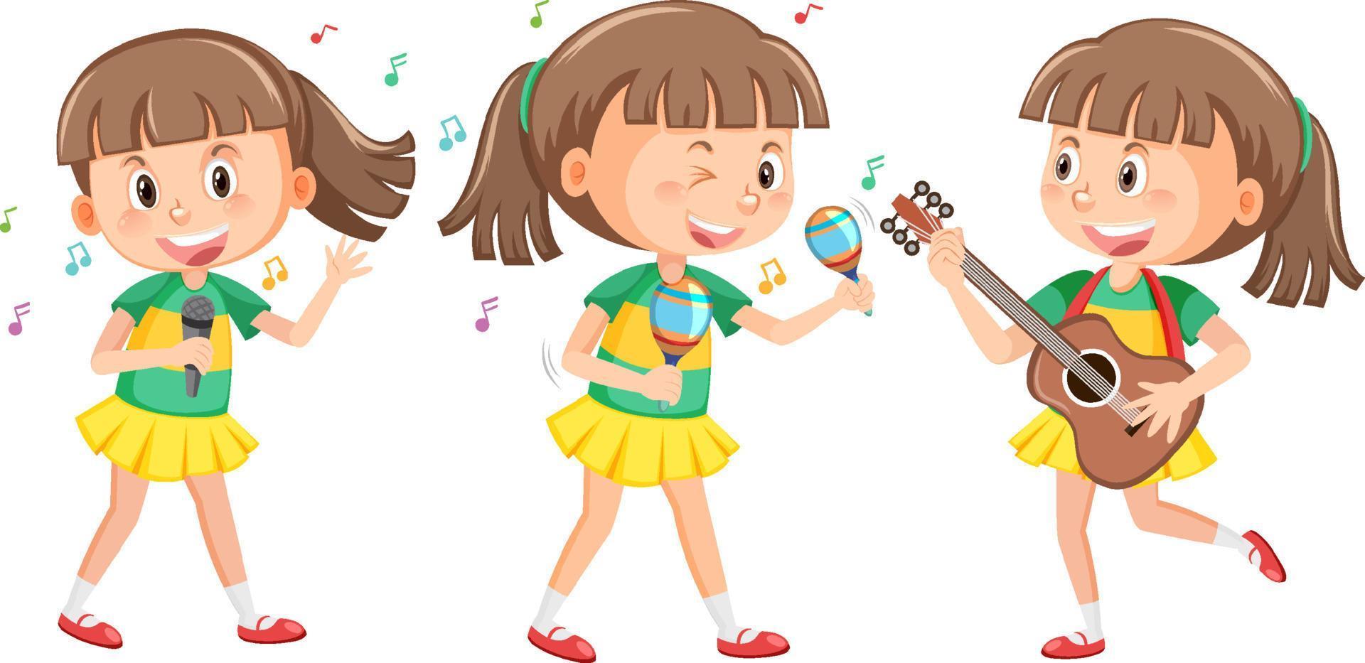 conjunto de niña con instrumento musical vector