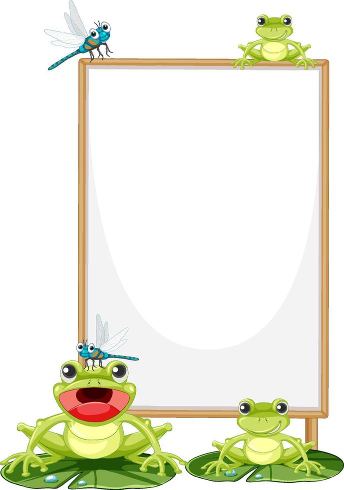 Blank wooden signboard with frog in cartoon style vector