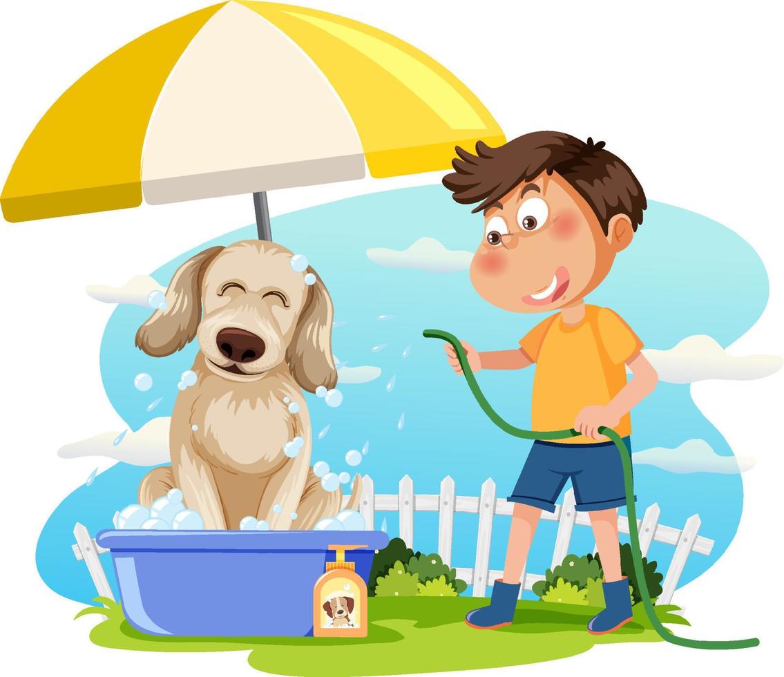 A boy washing his dog cartoon vector