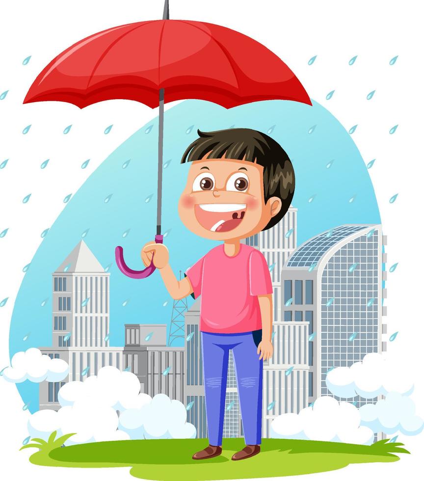 Rainy day with a boy cartoon character vector