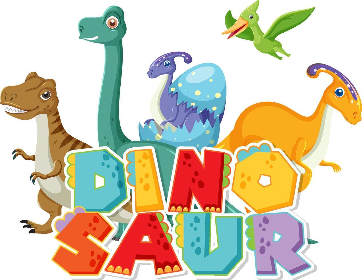 lindo grupo de dinosaurios con el logo de la palabra dinosaurio vector