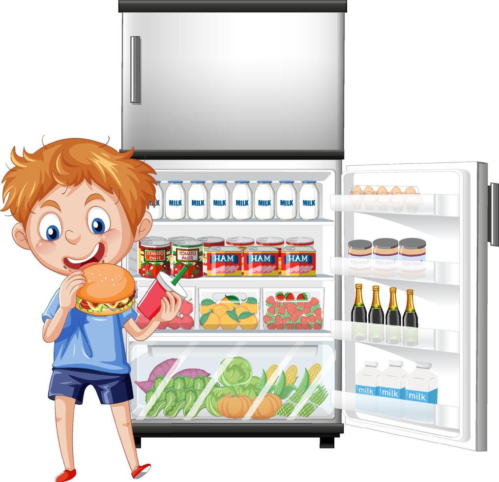 niño hambriento disfruta comiendo frente al refrigerador vector