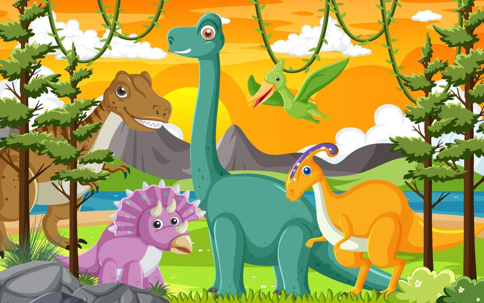 Cute dinosaur group in forest vector