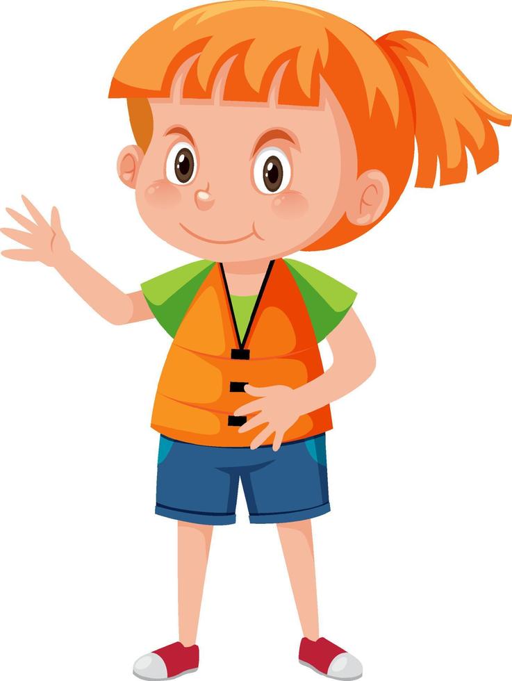 Little girl wearing orange life jacket in cartoon style vector
