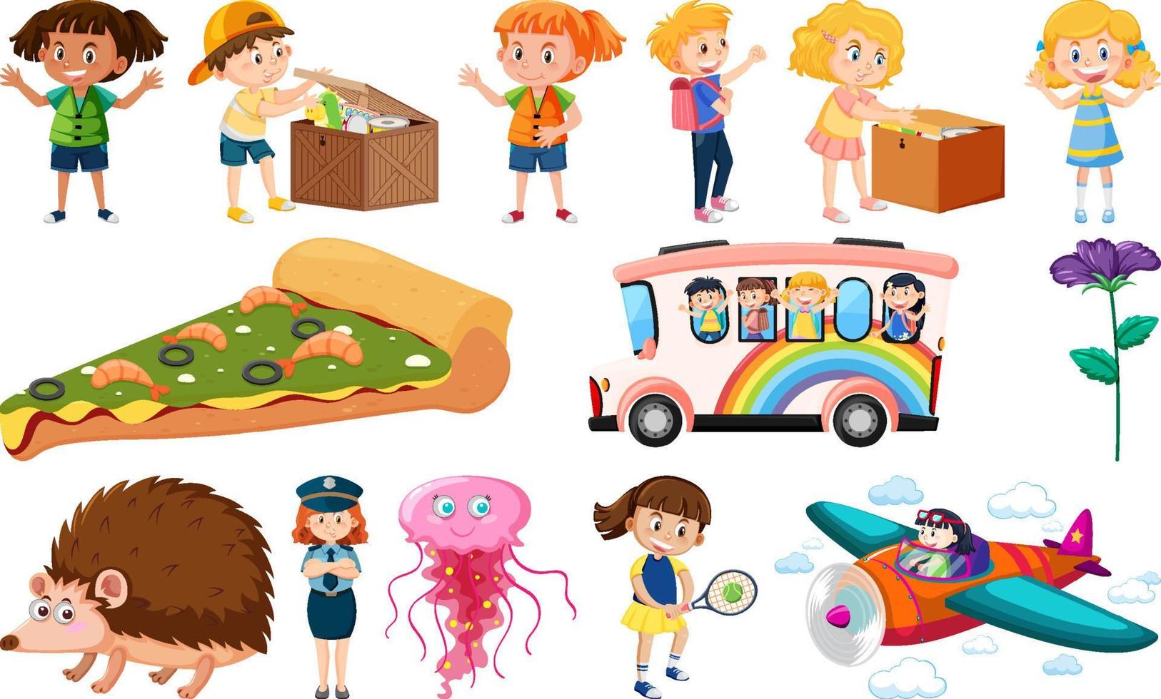 Set of different cute kids and objects vector