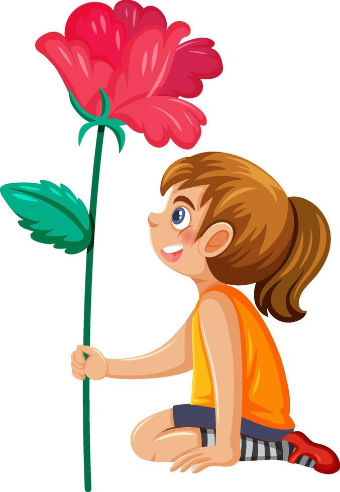 una niña con una gran flor roja de dibujos animados vector