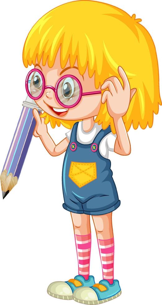 chica sosteniendo un personaje de dibujos animados de lápiz sobre fondo blanco vector