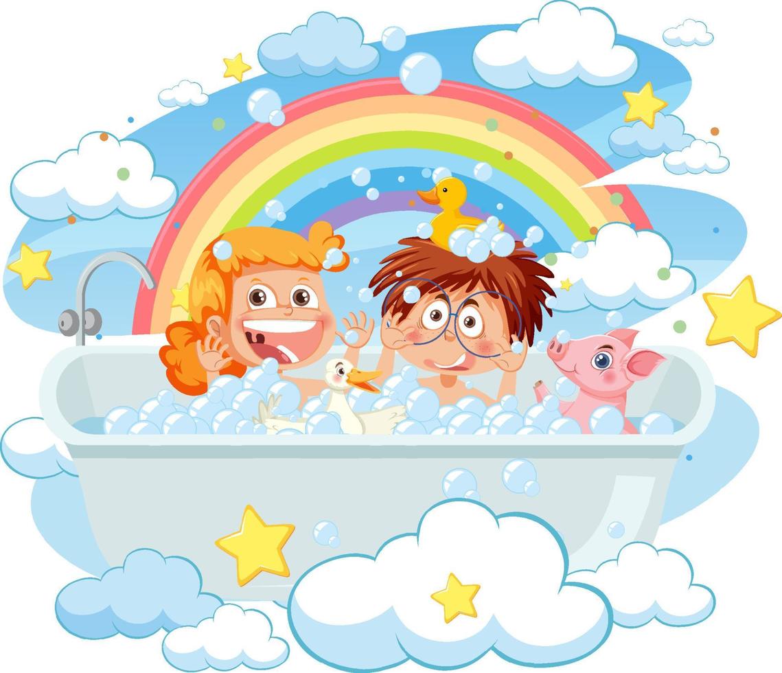 Kids playing bubbles in bathtub vector